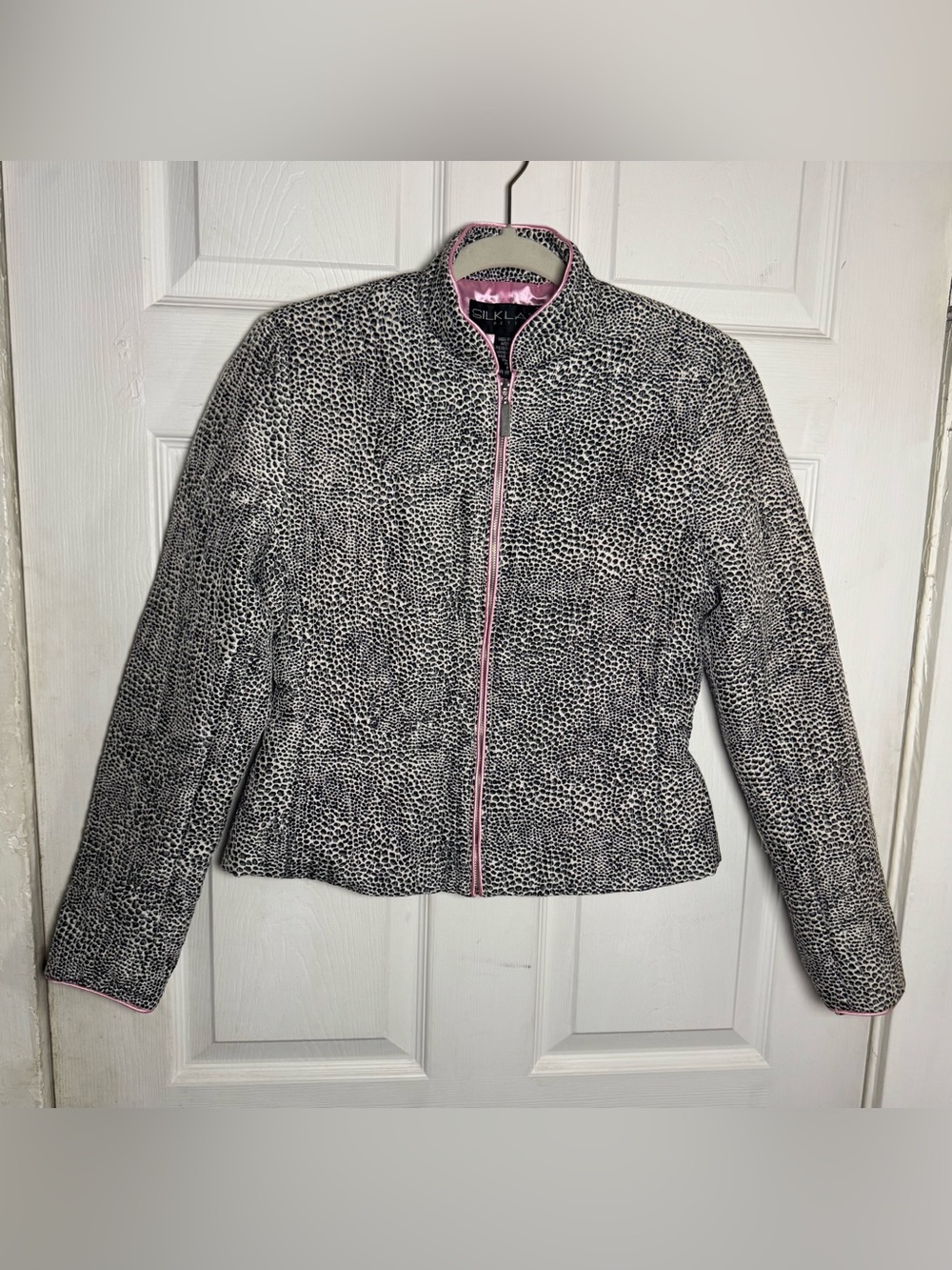 Silkland Petite 100% Silk y2k Animal Leopard Cheetah Print Full Zip Lined Jacket